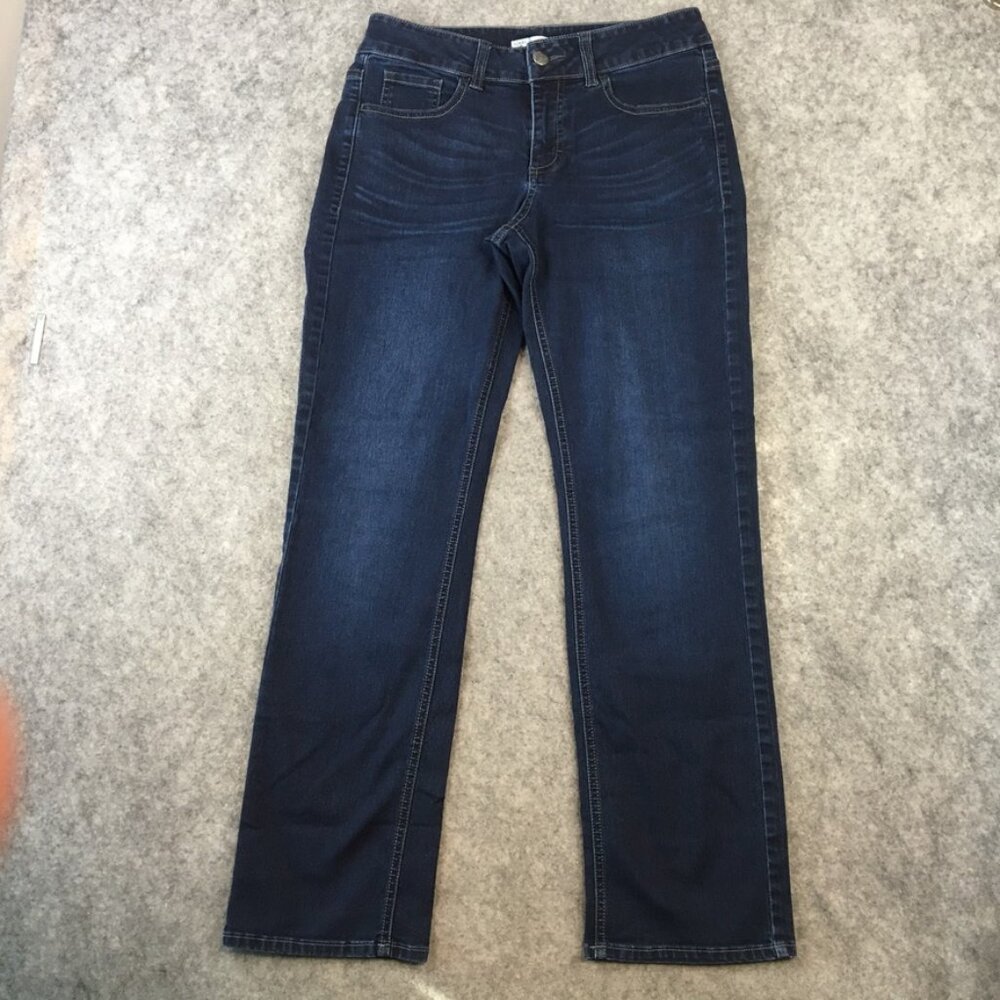 Lee Riders Jeans 8 Mid Rise Straight Leg Dark Wash Distressed Stretch Blue
